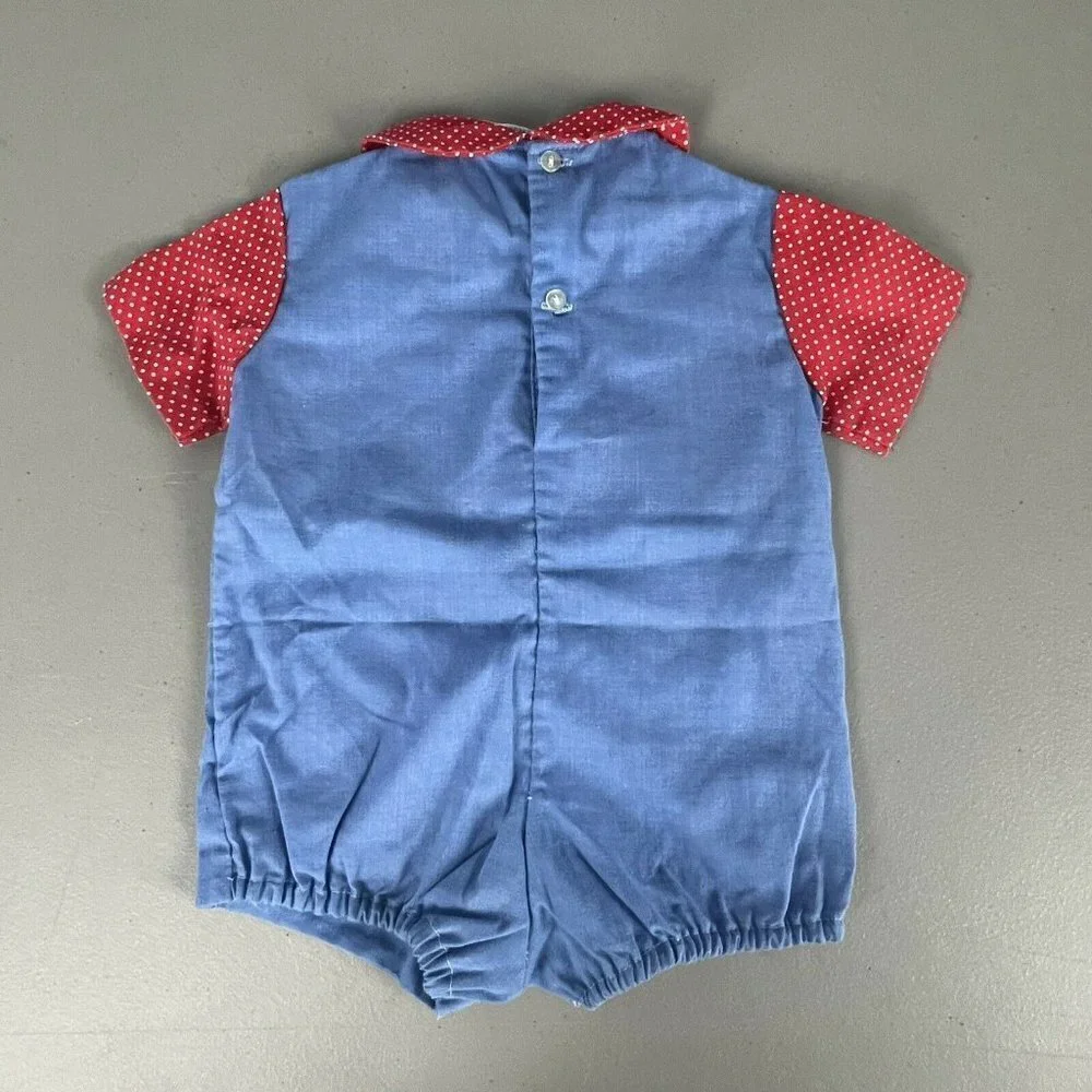 Vtg Nannette Baby One Piece Outfit Farmer Pig Blue Overalls Red White Polka Dot